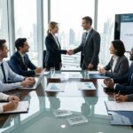 A modern corporate boardroom meeting representing a financial sponsor acquiring a majority stake in a tech consulting firm.