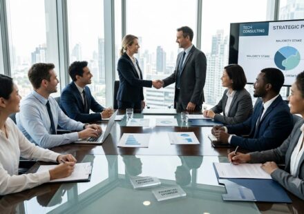 A modern corporate boardroom meeting representing a financial sponsor acquiring a majority stake in a tech consulting firm.