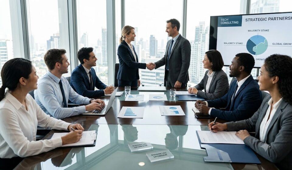 A modern corporate boardroom meeting representing a financial sponsor acquiring a majority stake in a tech consulting firm.