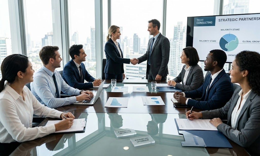 A modern corporate boardroom meeting representing a financial sponsor acquiring a majority stake in a tech consulting firm.