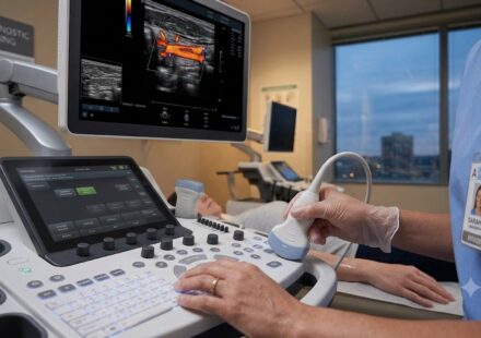 Ultrasound technician performing a scan in a modern medical clinic setting.