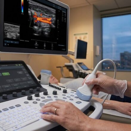 Ultrasound technician performing a scan in a modern medical clinic setting.
