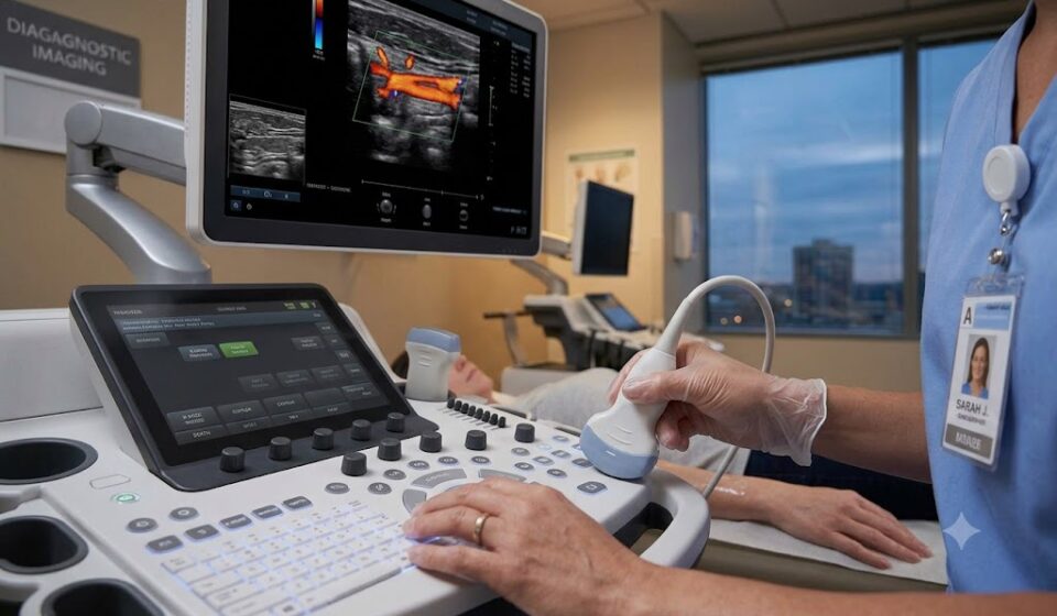 Ultrasound technician performing a scan in a modern medical clinic setting.