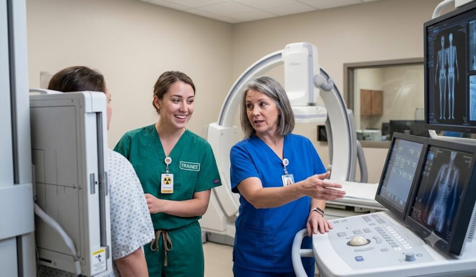 Trainees in an intensive rad tech boot camp analyzing digital X-ray images in a modern simulation lab.