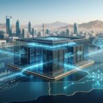 Futuristic depiction of Oman artificial intelligence systems showing data clouds and advanced computing networks over the Muscat financial district skyline.