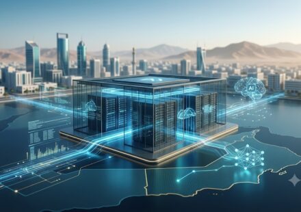 Futuristic depiction of Oman artificial intelligence systems showing data clouds and advanced computing networks over the Muscat financial district skyline.