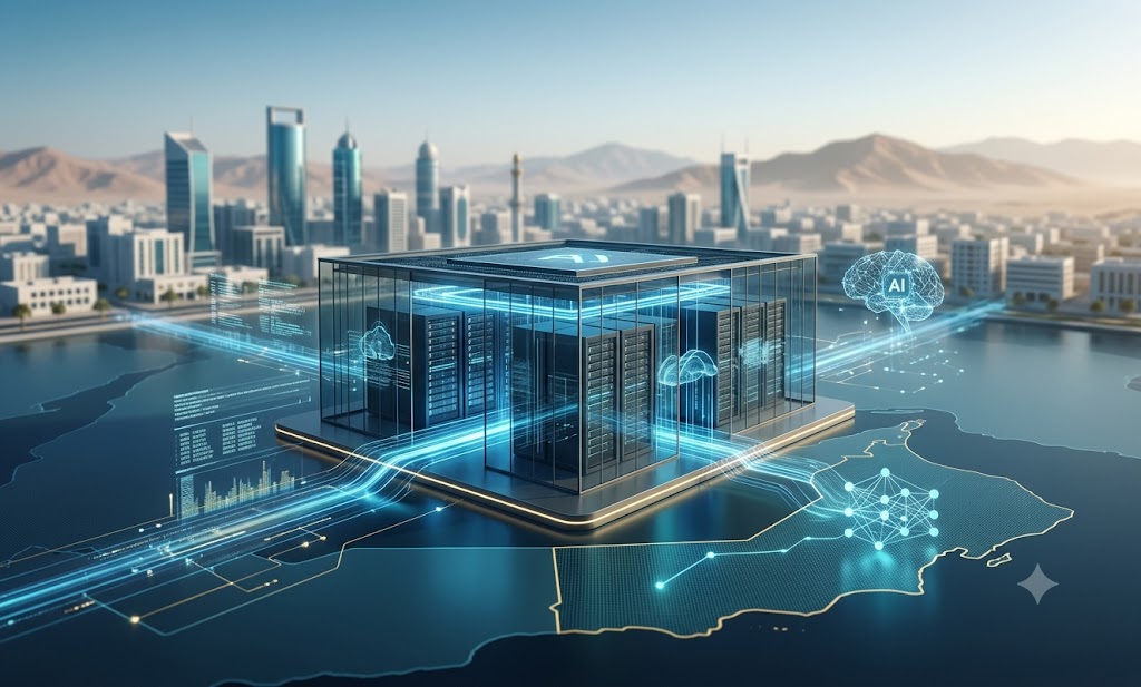 Futuristic depiction of Oman artificial intelligence systems showing data clouds and advanced computing networks over the Muscat financial district skyline.