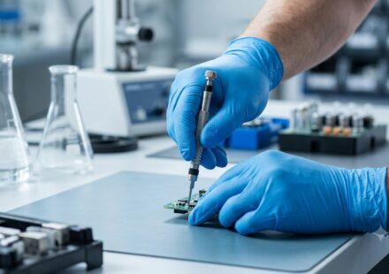 A close-up of a technician's hands wearing professional blue nitri tech gloves.