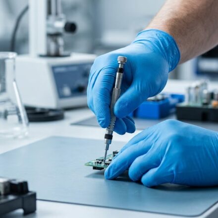 A close-up of a technician's hands wearing professional blue nitri tech gloves.