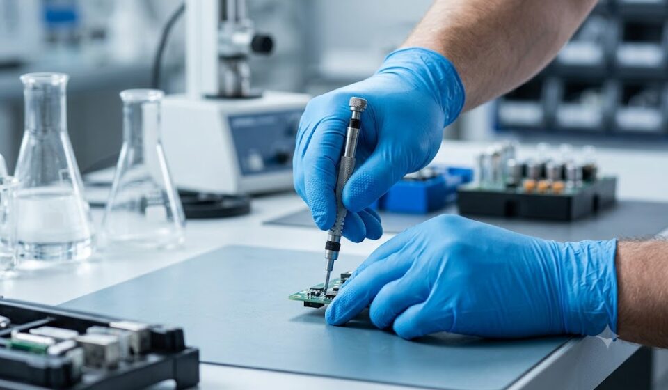 A close-up of a technician's hands wearing professional blue nitri tech gloves.