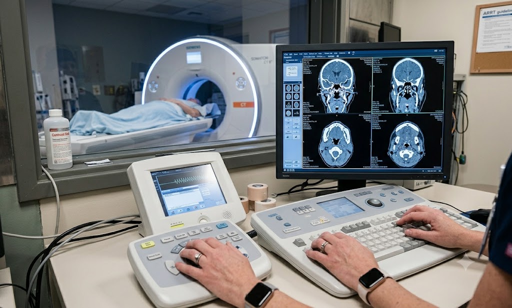 A professional CT tech operating a modern computed tomography scanner console in a hospital hospital imaging suite.