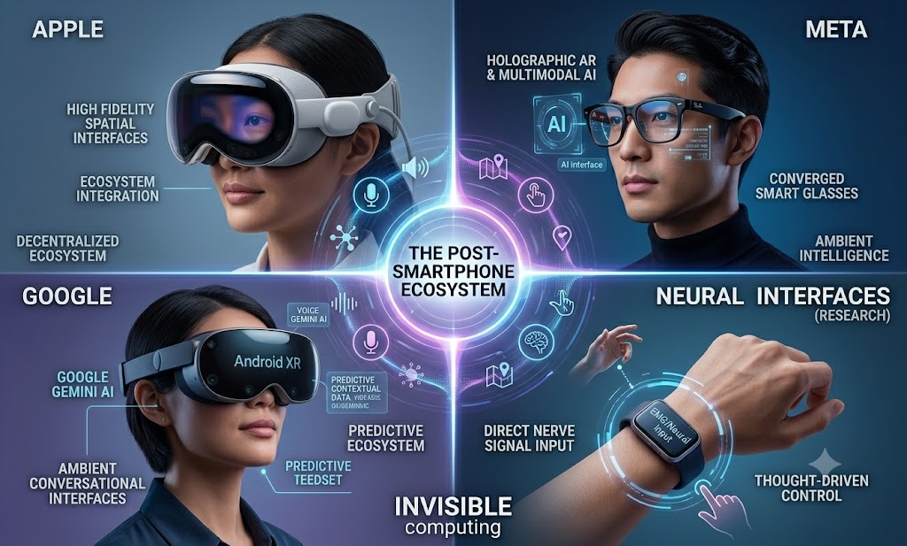 A 2x2 grid illustration comparing the post-smartphone visions of Apple, Meta, Google, and Neural Interface research. It shows various users interacting with spatial, holographic, and neural interfaces while floating text labels their distinct strategies.