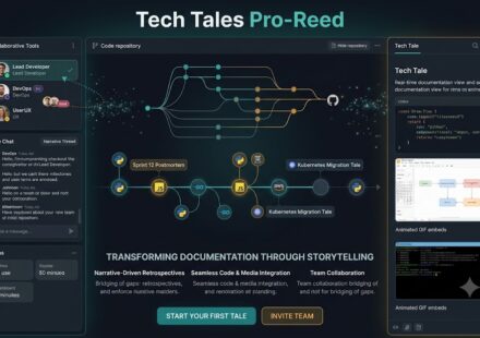 A professional interface displaying tech tales pro-reed dashboard with code snippets and project timelines.