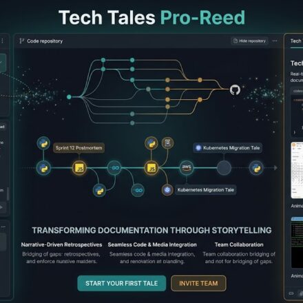 A professional interface displaying tech tales pro-reed dashboard with code snippets and project timelines.