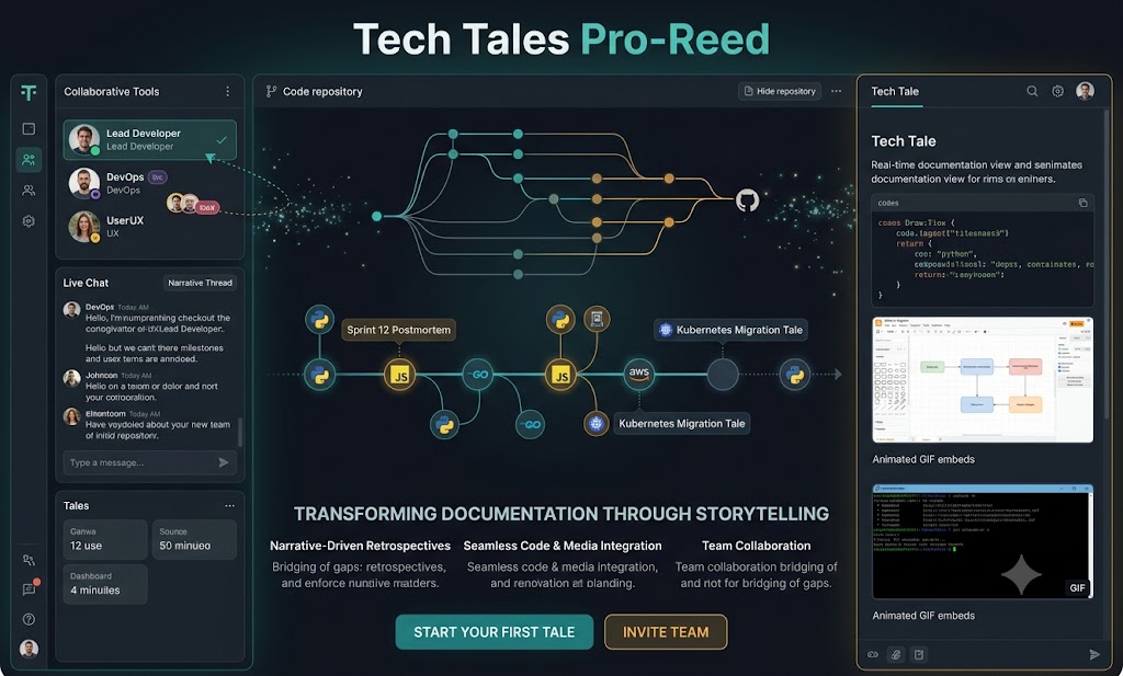 A professional interface displaying tech tales pro-reed dashboard with code snippets and project timelines.