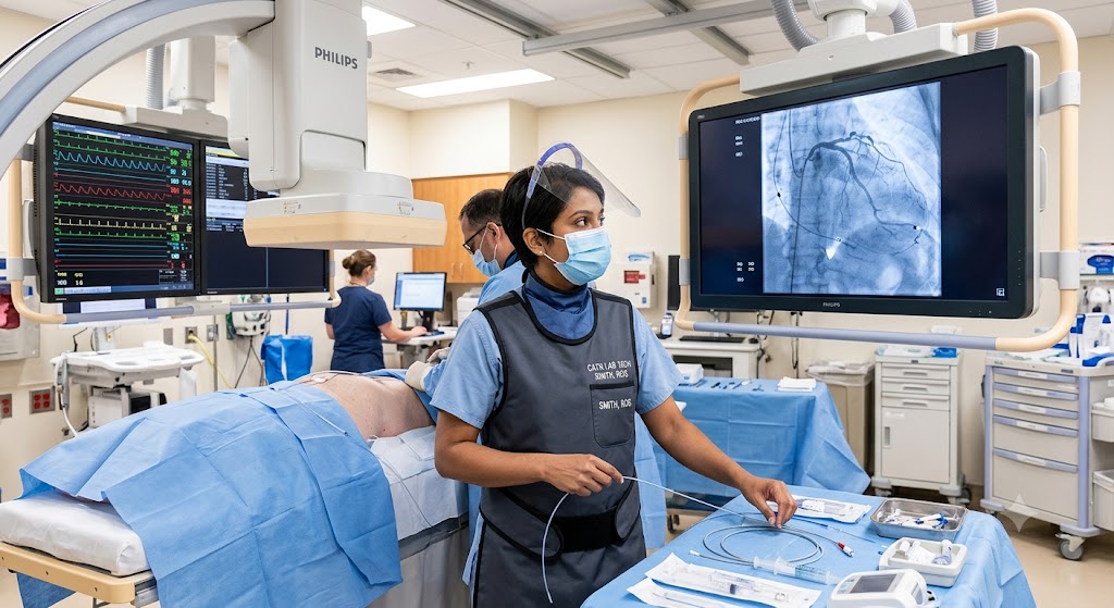 A female cath lab tech wearing a lead apron, face mask, and shield carefully organizing sterile catheters and guide wires on a blue draped table inside a cardiac catheterization laboratory.