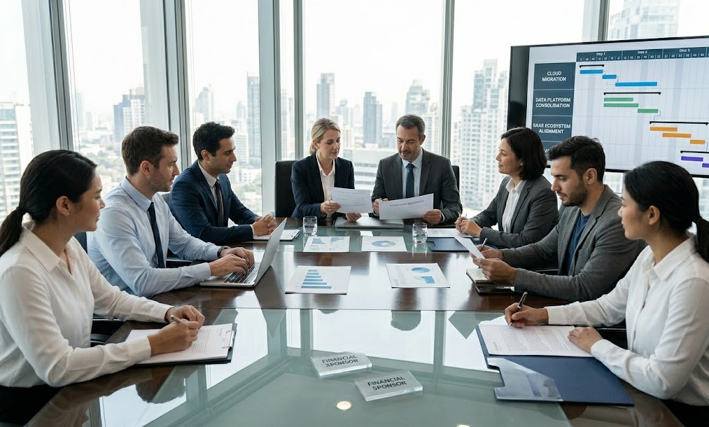 A modern corporate boardroom meeting representing a financial sponsor acquiring a majority stake in a tech consulting firm.