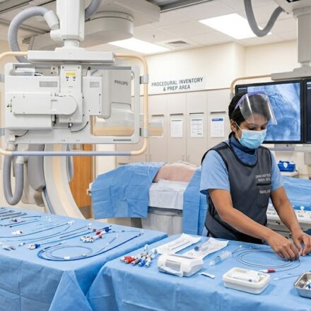 A female cath lab tech wearing a lead apron, face mask, and shield carefully organizing sterile catheters and guide wires on a blue draped table inside a cardiac catheterization laboratory.