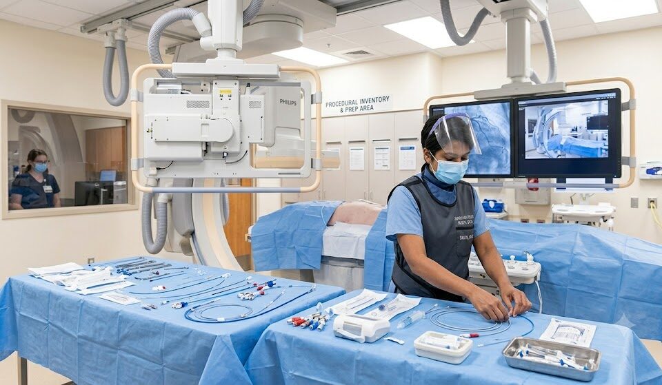 A female cath lab tech wearing a lead apron, face mask, and shield carefully organizing sterile catheters and guide wires on a blue draped table inside a cardiac catheterization laboratory.