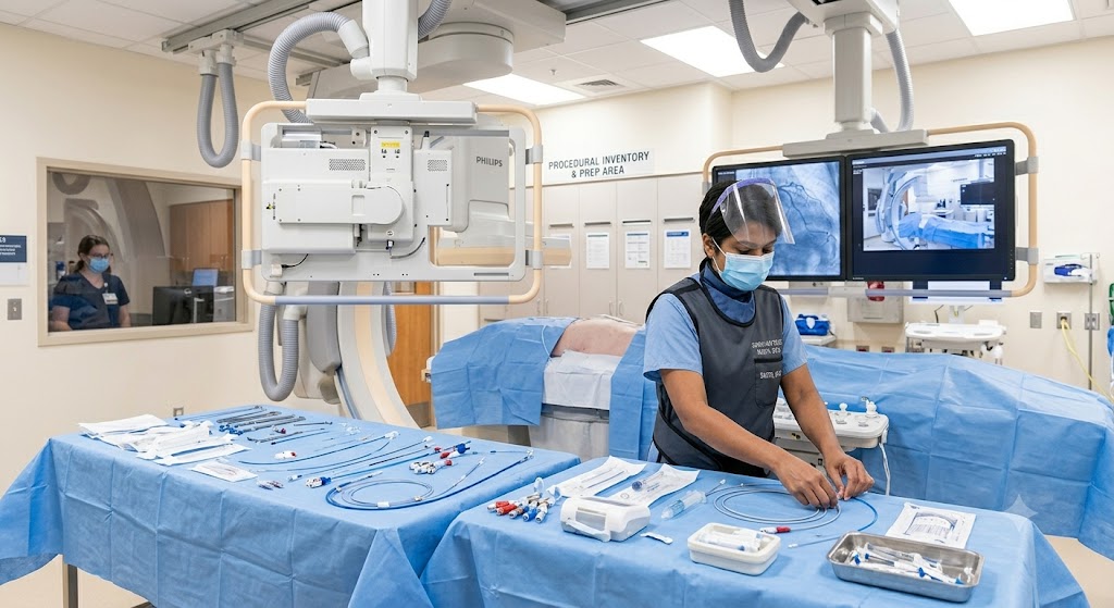 A female cath lab tech wearing a lead apron, face mask, and shield carefully organizing sterile catheters and guide wires on a blue draped table inside a cardiac catheterization laboratory.