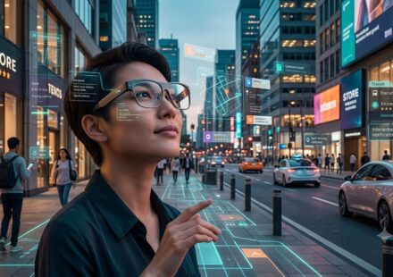 A woman wearing augmented reality glasses while looking at floating digital holographic UI maps and traffic notifications on a busy city street.