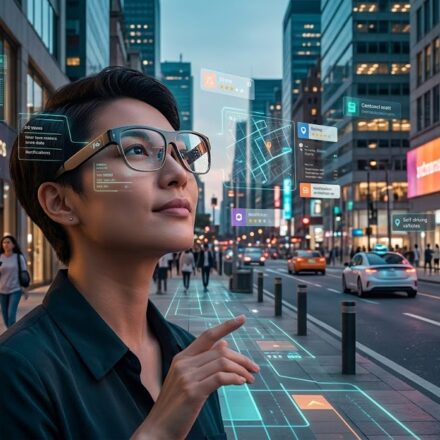 A woman wearing augmented reality glasses while looking at floating digital holographic UI maps and traffic notifications on a busy city street.