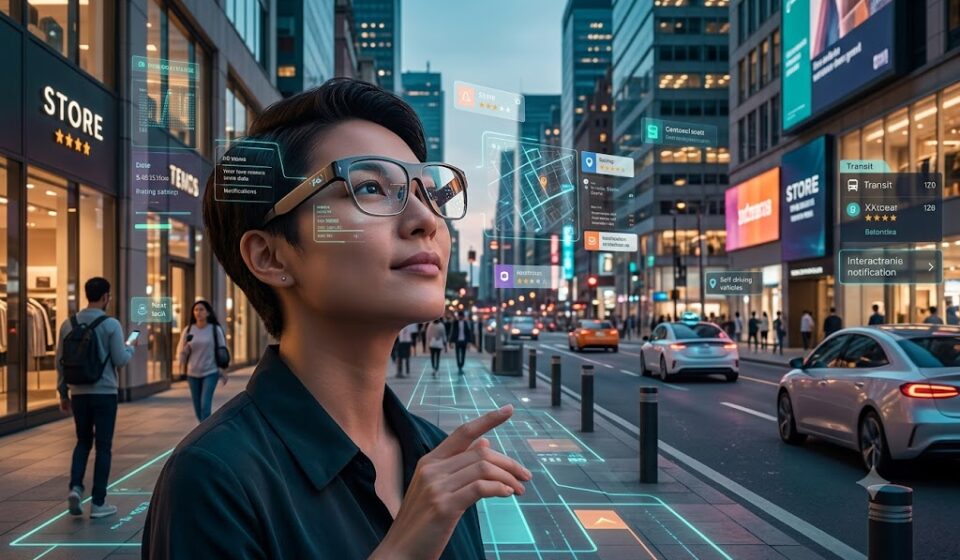 A woman wearing augmented reality glasses while looking at floating digital holographic UI maps and traffic notifications on a busy city street.