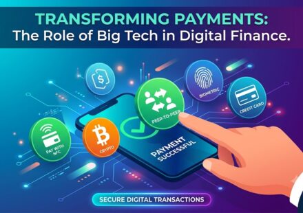 Digital payment icons hovering over a smartphone screen representing Big Tech's role in financial services.