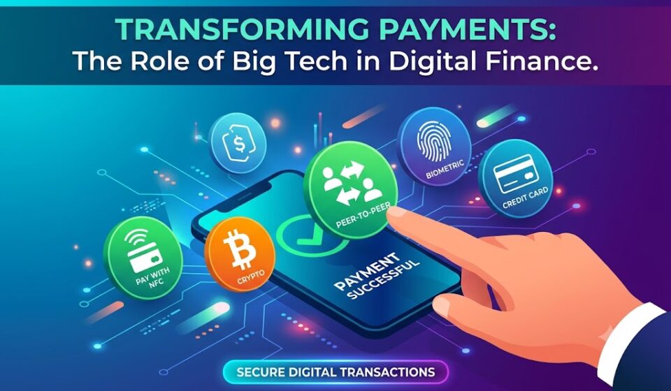 Digital payment icons hovering over a smartphone screen representing Big Tech's role in financial services.