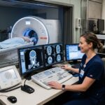 A professional CT tech operating a modern computed tomography scanner console in a hospital hospital imaging suite.