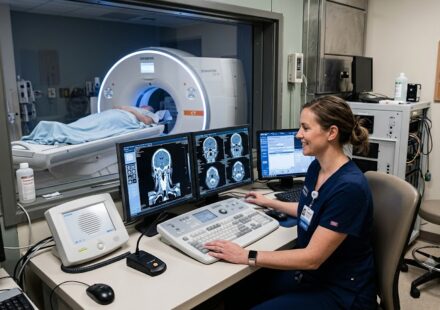 A professional CT tech operating a modern computed tomography scanner console in a hospital hospital imaging suite.