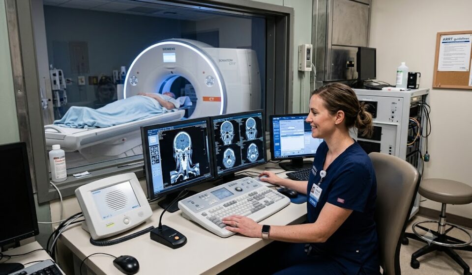 A professional CT tech operating a modern computed tomography scanner console in a hospital hospital imaging suite.