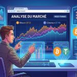 A French crypto influencer analyzing Bitcoin and Ethereum market charts on multiple screens inside a modern streaming studio in Paris.