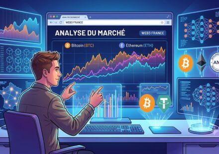 A French crypto influencer analyzing Bitcoin and Ethereum market charts on multiple screens inside a modern streaming studio in Paris.