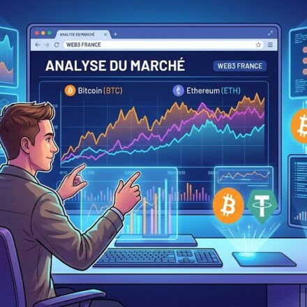 A French crypto influencer analyzing Bitcoin and Ethereum market charts on multiple screens inside a modern streaming studio in Paris.