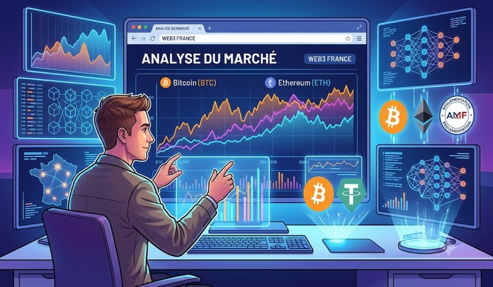 A French crypto influencer analyzing Bitcoin and Ethereum market charts on multiple screens inside a modern streaming studio in Paris.