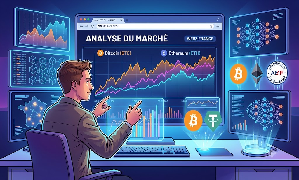 A French crypto influencer analyzing Bitcoin and Ethereum market charts on multiple screens inside a modern streaming studio in Paris.