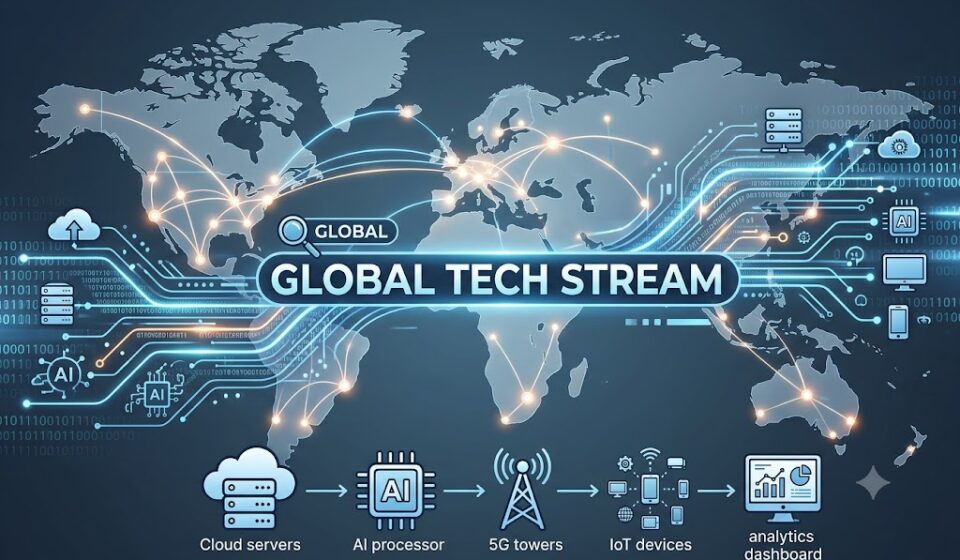 A conceptual digital network flow map showing interconnected technology icons and data streams.