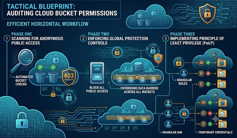 A tactical security matrix showing how to audit cloud storage bucket permissions safely to prevent data leaks