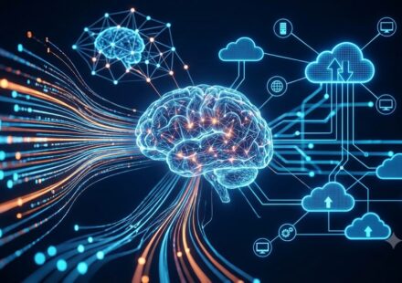 A futuristic network visualization of emerging techs net showing interconnected AI nodes, cloud databases, and quantum computing processors in a modern enterprise setting.