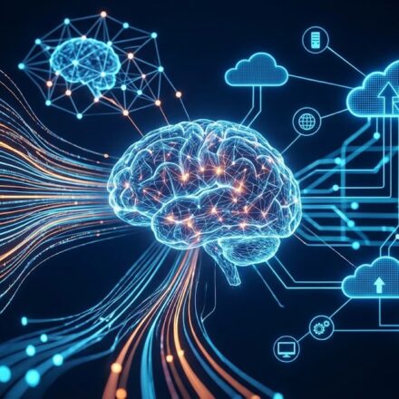 A futuristic network visualization of emerging techs net showing interconnected AI nodes, cloud databases, and quantum computing processors in a modern enterprise setting.