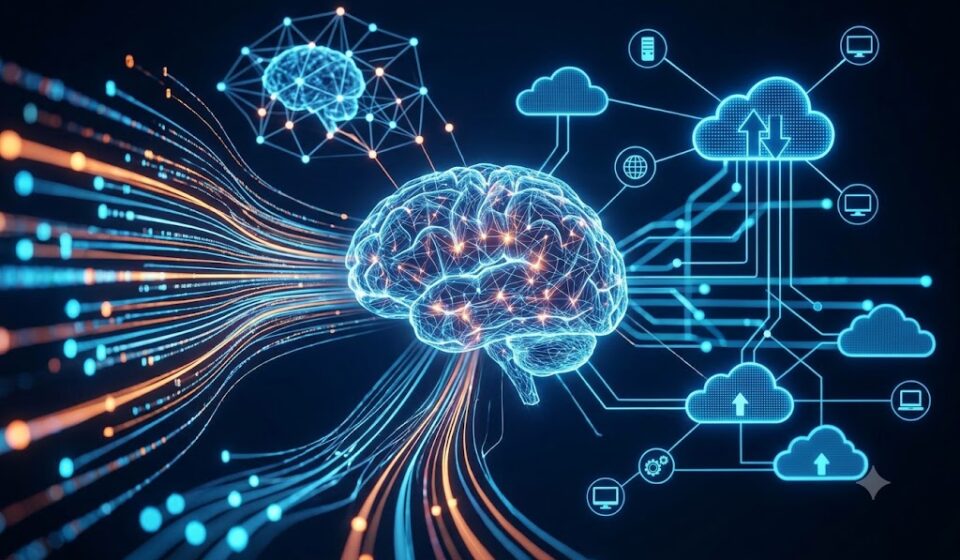 A futuristic network visualization of emerging techs net showing interconnected AI nodes, cloud databases, and quantum computing processors in a modern enterprise setting.