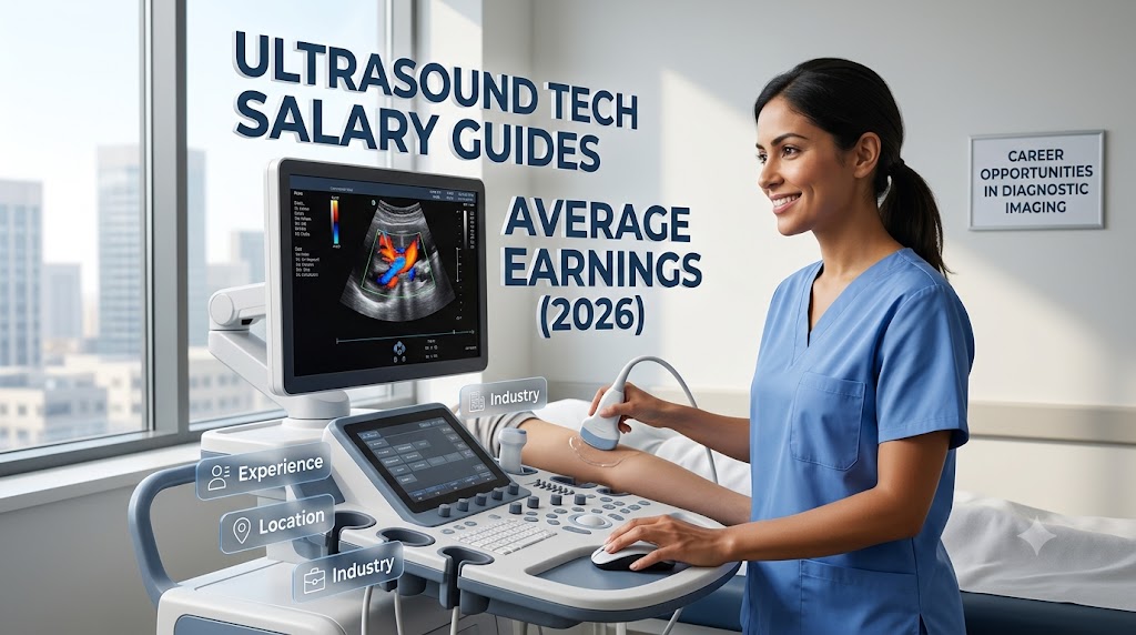 Ultrasound technician performing a scan in a modern medical clinic setting.