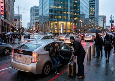 The global headquarters building of Uber, a major tech company founded in san francisco, illuminated at night in California.