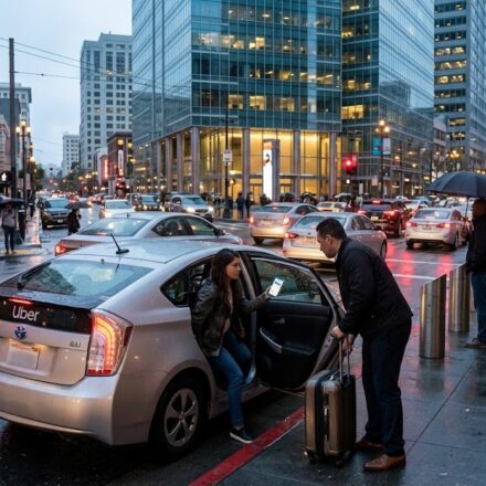 The global headquarters building of Uber, a major tech company founded in san francisco, illuminated at night in California.