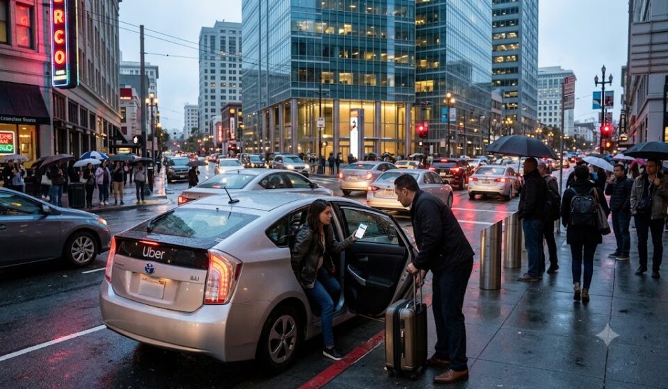 The global headquarters building of Uber, a major tech company founded in san francisco, illuminated at night in California.