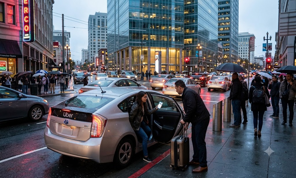 The global headquarters building of Uber, a major tech company founded in san francisco, illuminated at night in California.