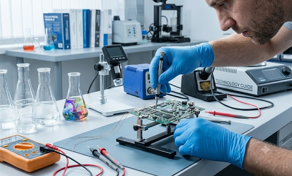 A close-up of a technician's hands wearing professional blue nitri tech gloves.
