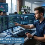 A professional analyzing server network security codes for cybersecurity jobs in a modern tech office.