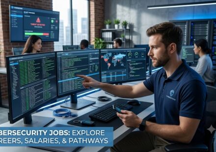 A professional analyzing server network security codes for cybersecurity jobs in a modern tech office.
